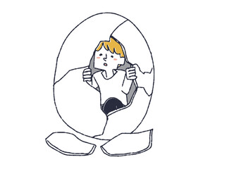 自分の殻を破って出てきた男性　精神面での回復や治療の段階ごとのイラスト