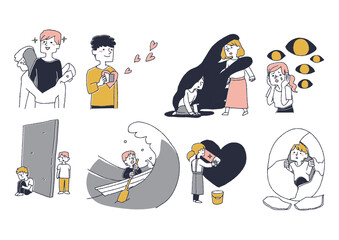 精神面での回復や治療の段階ごとのイラストのセット　コミカルな手書きの人物　ベクター、温かみのある線画
