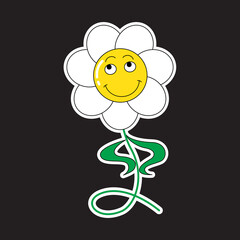 Funny sticker of a smiling daisy flower in retro comics style. Cartoon vector character.