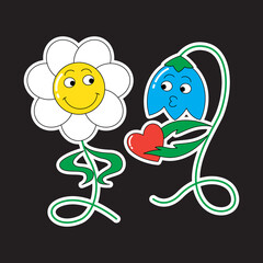 Funny sticker of a smiling daisy flower and a bell with a heart in retro comics style. Cartoon vector characters.