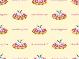 Strawberry tart cartoon character seamless pattern on yellow background. Pixel style