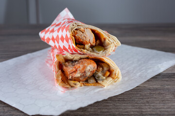 A view of a chicken kebab wrap.