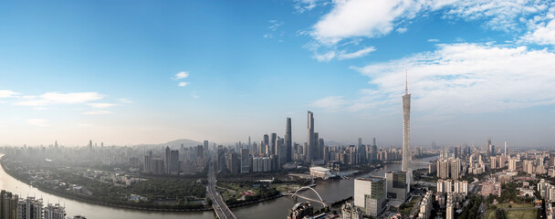 Obraz premium Aerial photography of urban buildings skylines on both sides of the Pearl River in Guangzhou, China