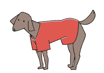 人間のTシャツを着ている大型犬　コミカルな手書きの動物　ベクター、温かみのある線画