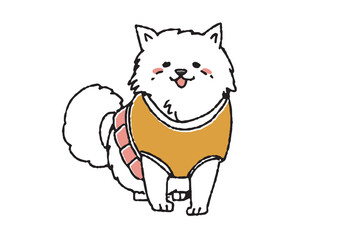 チアガールの服を着たポメラニアン　コミカルな手書きの動物　ベクター、温かみのある線画