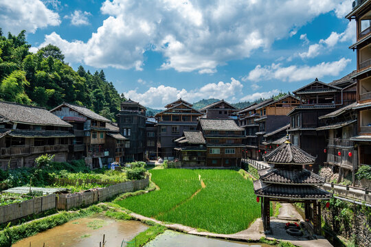 Close-up of the ancient village of Chengyang Bazhai of the Dong ethnic group in Sanjiang