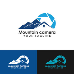 Landscape photographer logo mountain river with sunset camera outline symbol simple mnimalist photography film studio design vector