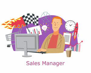 The guy is a sales manager. A positive man surrounded by symbols and sales items. Cartoon graphics