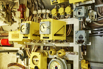 valves and control and monitoring devices of an old diesel submarine