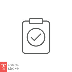 Clipboard checklist icon. Simple outline style. Document with checkmark, business agreement concept. Thin line vector illustration isolated on white background. Editable stroke EPS 10.