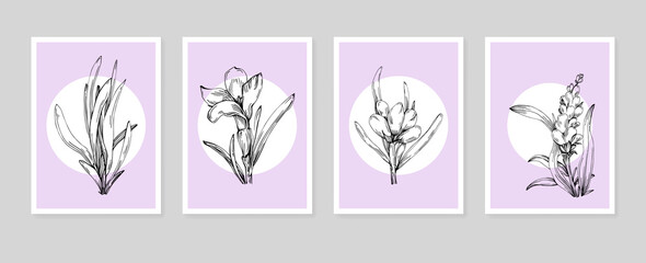 Set of Abstract lavender Hand Painted Illustrations for Wall Decoration, minimalist flower in sketch style. Postcard, Social Media Banner, Brochure Cover Design Background. Modern Abstract Painting Ar