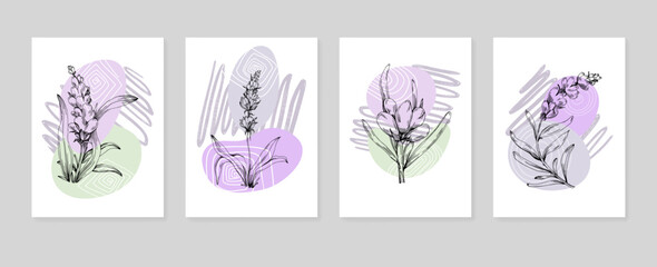 Set of Abstract lavender Hand Painted Illustrations for Wall Decoration, minimalist flower in sketch style. Postcard, Social Media Banner, Brochure Cover Design Background. Modern Abstract Painting Ar