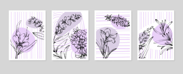 Set of Abstract lavender Hand Painted Illustrations for Wall Decoration, minimalist flower in sketch style. Postcard, Social Media Banner, Brochure Cover Design Background. Modern Abstract Painting Ar