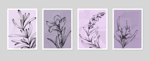 Set of Abstract lavender Hand Painted Illustrations for Wall Decoration, minimalist flower in sketch style. Postcard, Social Media Banner, Brochure Cover Design Background. Modern Abstract Painting Ar © yanushkov