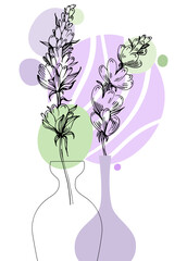 Set of Abstract lavender Hand Painted Illustrations for Wall Decoration, minimalist flower in sketch style. Postcard, Social Media Banner, Brochure Cover Design Background. Modern Abstract Painting Ar
