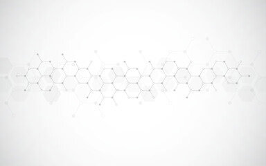 Hexagons pattern on gray background. Genetic research, molecular structure. Chemical engineering. Concept of innovation technology. Used for design healthcare, science and medicine background