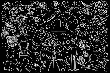 Space doodles set. Astronomy. Cosmic sketches. Zodiac. Planets. Moon and stars. Sun. Spaceship. Meteor. Comet. Alien. Asteroid. Cosmic set. Constellation. Space stickers. Universe scribbles. Galaxy.