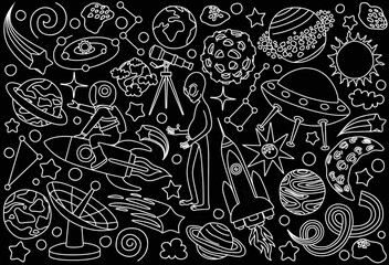 Space doodles set. Astronomy. Cosmic sketches. Zodiac. Planets. Moon and stars. Sun. Spaceship. Meteor. Comet. Alien. Asteroid. Cosmic set. Constellation. Space stickers. Universe scribbles. Galaxy.