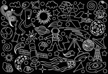 Space doodles set. Astronomy. Cosmic sketches. Zodiac. Planets. Moon and stars. Sun. Spaceship. Meteor. Comet. Alien. Asteroid. Cosmic set. Constellation. Space stickers. Universe scribbles. Galaxy.