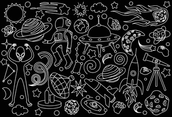 Space doodles set. Astronomy. Cosmic sketches. Zodiac. Planets. Moon and stars. Sun. Spaceship. Meteor. Comet. Alien. Asteroid. Cosmic set. Constellation. Space stickers. Universe scribbles. Galaxy.