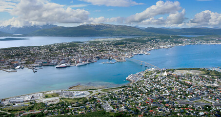 Panoramic view of Tromso city from Mt. Storsteinen in summer, northen Norway. A famous view from the top of fjellheisen, Tromso.