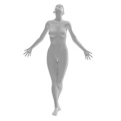 Naklejka premium Metallic glossy naked woman mannequin in a freedom pose looking up with outreached arms - 3d illustration of a surreal futuristic technological artificial woman with white glossy material