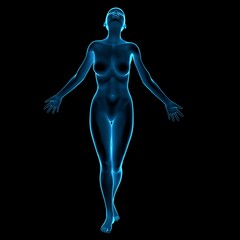 holographic x ray naked woman mannequin in a freedom pose looking up with outreached arms - 3d illustration of a surreal futuristic technological artificial woman with blue hologram translucent - obrazy, fototapety, plakaty
