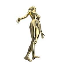 iridescent Metallic glossy naked woman mannequin in a freedom pose looking up with outreached arms - 3d illustration of a surreal futuristic technological artificial colorful and psychedelic woman