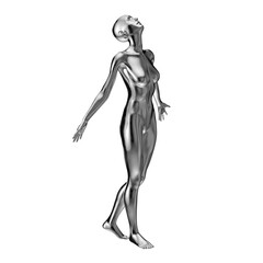 Metallic glossy naked woman mannequin in a freedom pose looking up with outreached arms - 3d illustration of a surreal futuristic technological artificial woman with silver chrome color