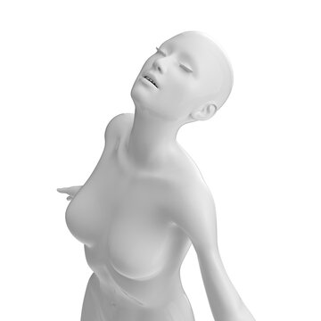 Metallic glossy naked woman mannequin in a freedom pose looking up with outreached arms - 3d illustration of a surreal futuristic technological artificial woman with white glossy material