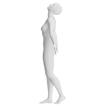 Metallic glossy naked woman mannequin in a freedom pose looking up with outreached arms - 3d illustration of a surreal futuristic technological artificial woman with white glossy material