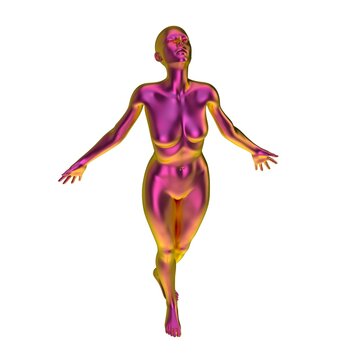 iridescent Metallic glossy naked woman mannequin in a freedom pose looking up with outreached arms - 3d illustration of a surreal futuristic technological artificial colorful and psychedelic woman