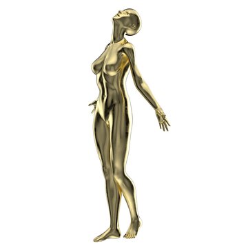 iridescent Metallic glossy naked woman mannequin in a freedom pose looking up with outreached arms - 3d illustration of a surreal futuristic technological artificial colorful and psychedelic woman