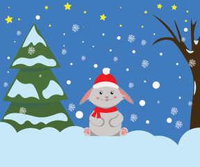 winter holiday, New Year, Christmas, a rabbit in a Santa hat near a Christmas tree