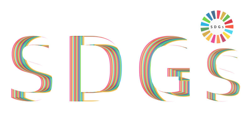 The letters "SDGs" consist of 17 colored lines inside.  which is a symbol that imagines the Sustainable Development Goals (SDGs) as a vector image.