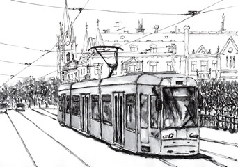 City street with tram. Ink on paper.