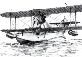 Biplane flying boat on water surface. Ink on paper.
