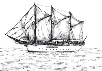 Gaff-rigged schooner. Ink on paper.