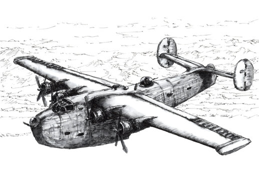 Four-engined flying boat in fly. Ink on paper.