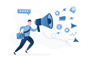 Public relations and affairs. Pr manager communicate. PR agency. Public speaker uses megaphone. Online announcement. Businessman holds loudspeaker and running. Male character in trendy style. - obrazy, fototapety, plakaty