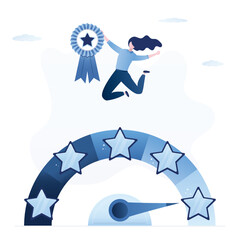 Businesswoman holds star and jumping. Arrow on measuring scale indicates highest rating. Best worker with award. Review, high quality product or service. Online survey, internet voting.