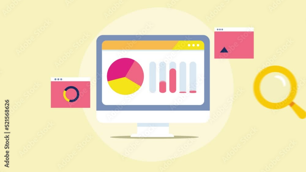 Poster business analytics and data marketing software, big data chart and graph displays on dashboard, vide
