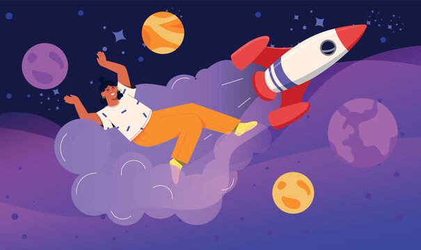 Virtual reality concept. Girl in space next to planets and rocket. Character in VR glasses metaphor of innovations and modern technologies. Games or learning. Cartoon flat vector illustration