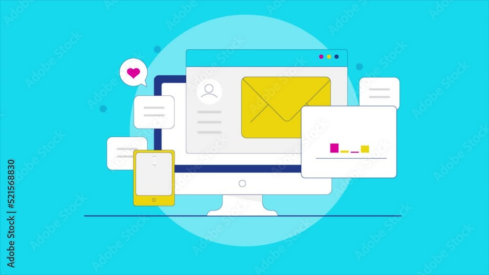 Aufkleber email marketing software, incoming message and chat bubble on smartphone screen with data on dashboa