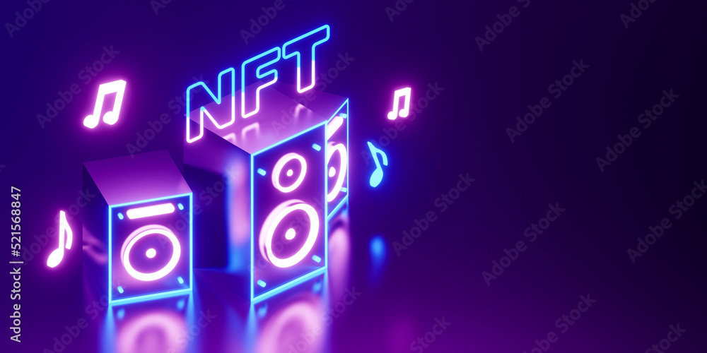 Poster 3d rendering concept nft or non fungible token for music. neon stereo speakers on dark background wi