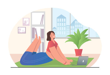 Obraz na płótnie Canvas Woman doing yoga. Young girl goes in for sports at home, performs stretching exercises. Online lessons and modern technologies. Active lifestyle and fitness. Cartoon flat vector illustration