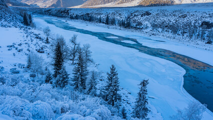 A blue ice-free river flows between the snow-covered shores. Coniferous trees and bushes are covered with hoarfrost. Reflection on the water. Altai. Katun.