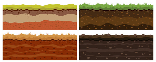 Dirt soil ground. Underground layers. Land with grass and rock. Dinosaur fossil. Earth and field game surface. Landscape horizontal borders. Vector cartoon geological topsoil textures set
