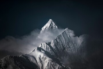 High-angle shot of snowy mountains covered with clouds during a dark evening