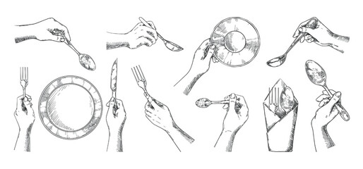Fototapeta premium Sketch hands with cutlery. Top view of vintage dish on dinner table. Fork and knife in arms. Napkin and spoon. Lunch serving. Person holding silverware. Vector isolated tableware set